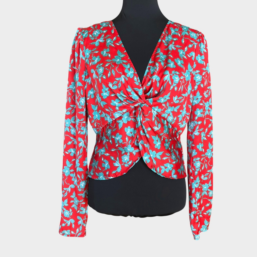 Love Whit Red Blue Floral Satin V Neck Long Sleeve Blouse Large